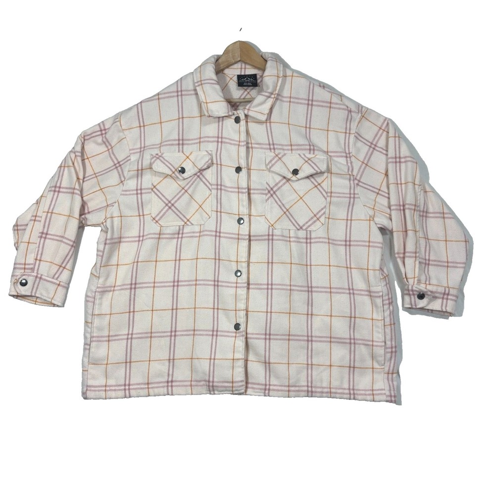HFX Shacket Cream Plaid Wool Blend Snap Button Shirt Jacket Outdoor Layering XXL